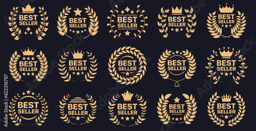 Best seller badge collection. Set of best seller emblem with laurel wreath, crown and star icon. Best seller label collection