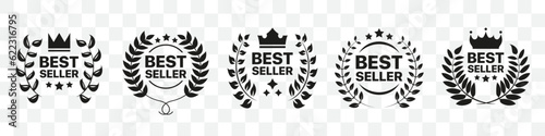 Best seller badge collection. Set of best seller emblem with laurel wreath, crown and star icon. Best seller label collection
