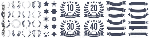 Happy anniversary emblem badges collection with laurel wreath, ribbon, star icons. Happy anniversary badge collection