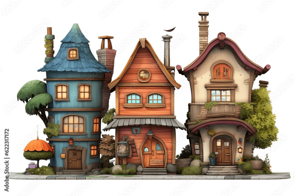 Cutout Set of 3 Cartoon or Toy House Models on Transparent Background. Generative AI