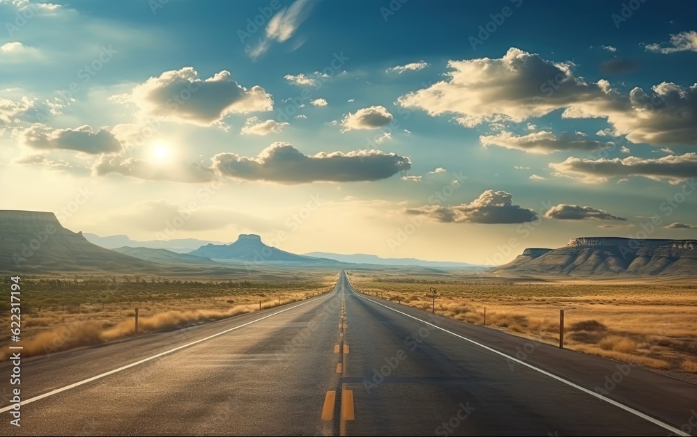Fototapeta premium A deserted highway road with a beautiful desert landscape generative ai
