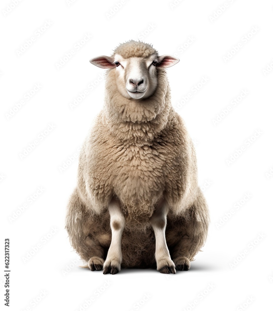 Fototapeta premium Portrait of a sheep sitting full length front view on isolated white background generative ai