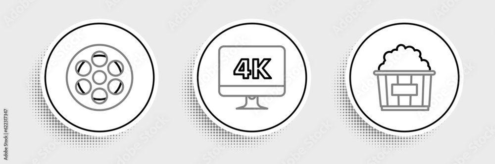 Set line Popcorn in cardboard box, Film reel and Computer PC monitor with 4k video technology icon. Vector Set line Popcorn in cardboard box, Film reel and Computer PC monitor with 4k video technology icon. Vector