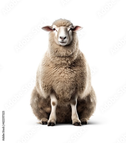 Portrait of a sheep sitting full length front view on isolated white background generative ai