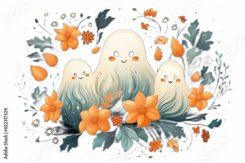 Halloween Cute Ghost Floral Ghost Pumpkin on Transparent Background. Generative AI