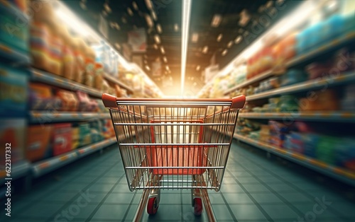 Shopping cart rushing through supermarket blurred background of shop generative ai