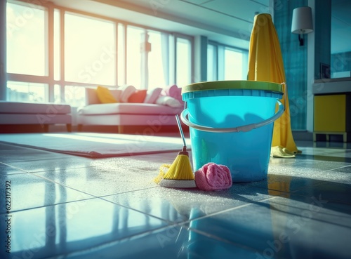 Cleaning lady holding a bucket of cleaning products in her hands on a blurred background. Created with Generative AI technology.