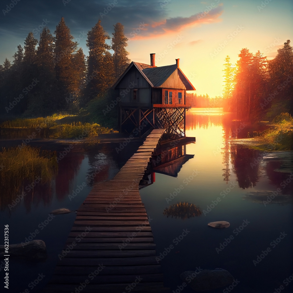 Obraz premium A wooden house on the shore of a secluded forest lake and at sunrise or sunset. Generative AI