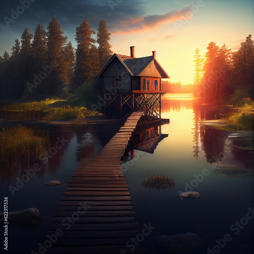 A wooden house on the shore of a secluded forest lake and at sunrise or sunset. Generative AI