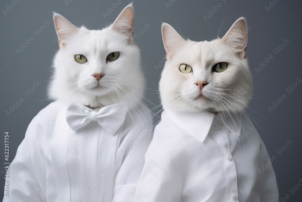 Creative trend collage of two funny animals white cats in suit costumes shirts bow tie elegant wedding generative ai Creative trend collage of two funny animals white cats in suit costumes shirts bow tie elegant wedding generative ai