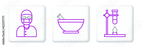 Set line Glass test tube flask on fire heater, Assistant and Mortar and pestle icon. Vector
