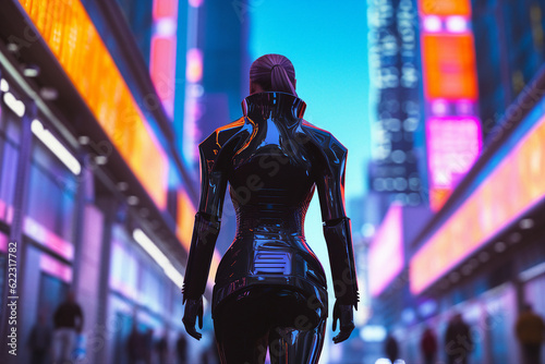 Creative collage image of cyberpunk neon city light female girl figure costume robot futurism image inspiration picture generative ai