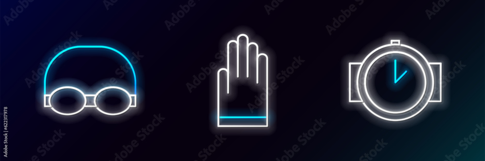 Set line Diving watch, Glasses and cap for swimming and Gloves icon. Glowing neon. Vector Set line Diving watch, Glasses and cap for swimming and Gloves icon. Glowing neon. Vector