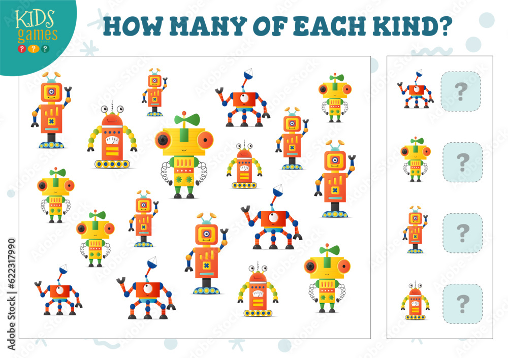 How many of each kind cartoon robot counting game for kids vector illustration How many of each kind cartoon robot counting game for kids vector illustration