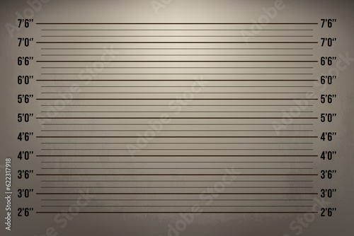 Police lineup or mugshot retro background with light on the old wall. Height identification with inch and feet measure line in investigation room to register a suspect person. Vintage vector template photo