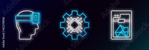Set line 3D printer, Virtual reality glasses and Processor icon. Glowing neon. Vector