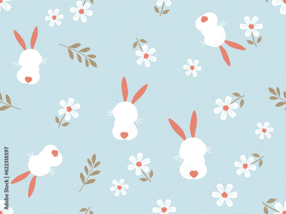 Seamless pattern with bunny rabbit cartoons, branches and cute flower on green mint background vector illustration.