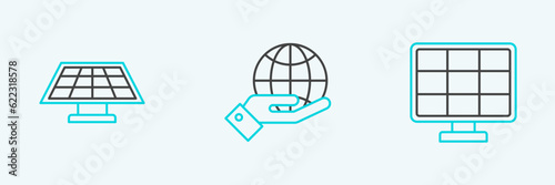 Set line Solar energy panel, and Human hands holding Earth globe icon. Vector