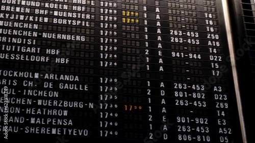 schedule of aircraft flights on an electronic scoreboard, travelling during covid-19 pandemic, concept delay, flight cancellation, arrival time, flight number, wait for the arrival of flight photo