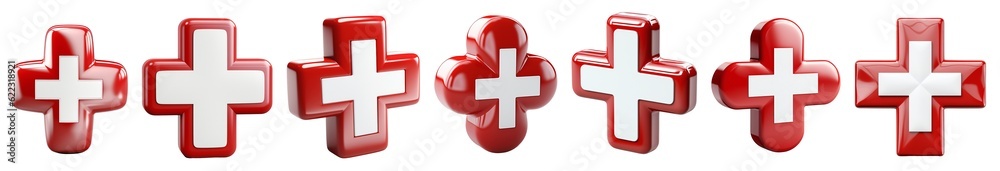 Obraz premium Set of different medical crosses. Medicine symbol design element for health and wellness. Red and white medical cross. Isolated on transparent background. KI.