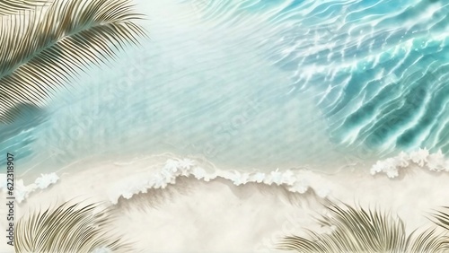 Summer tropical beach with golden sand, palm and wave. Illustration made with generative Artificial Intelligence