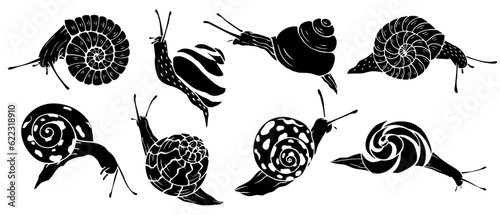Billede på lærred Set of snail silhouettes. Vector graphics.