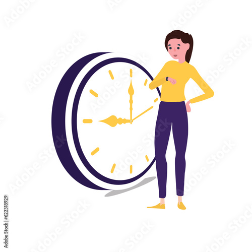Vector Cartoon Woman Character Standing in Front of Clock