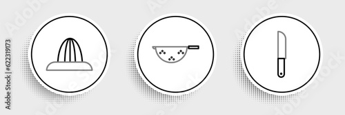 Set line Knife, Citrus fruit juicer and Kitchen colander icon. Vector