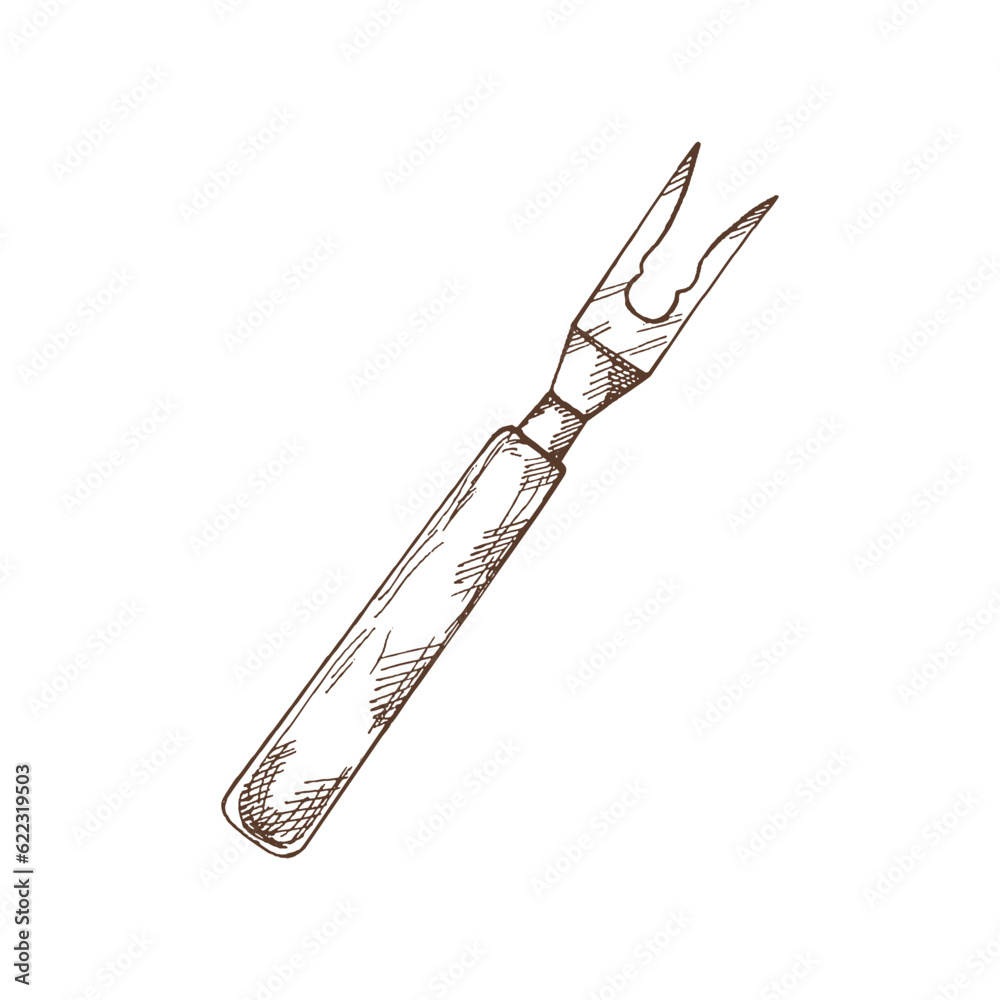 Hand drawn vector sketch of barbecue fork with wooden handle on white background. Doodle vintage illustration. Decorations for the menu of cafes and labels. Engraved immage. Hand drawn vector sketch of barbecue fork with wooden handle on white background. Doodle vintage illustration. Decorations for the menu of cafes and labels. Engraved immage.