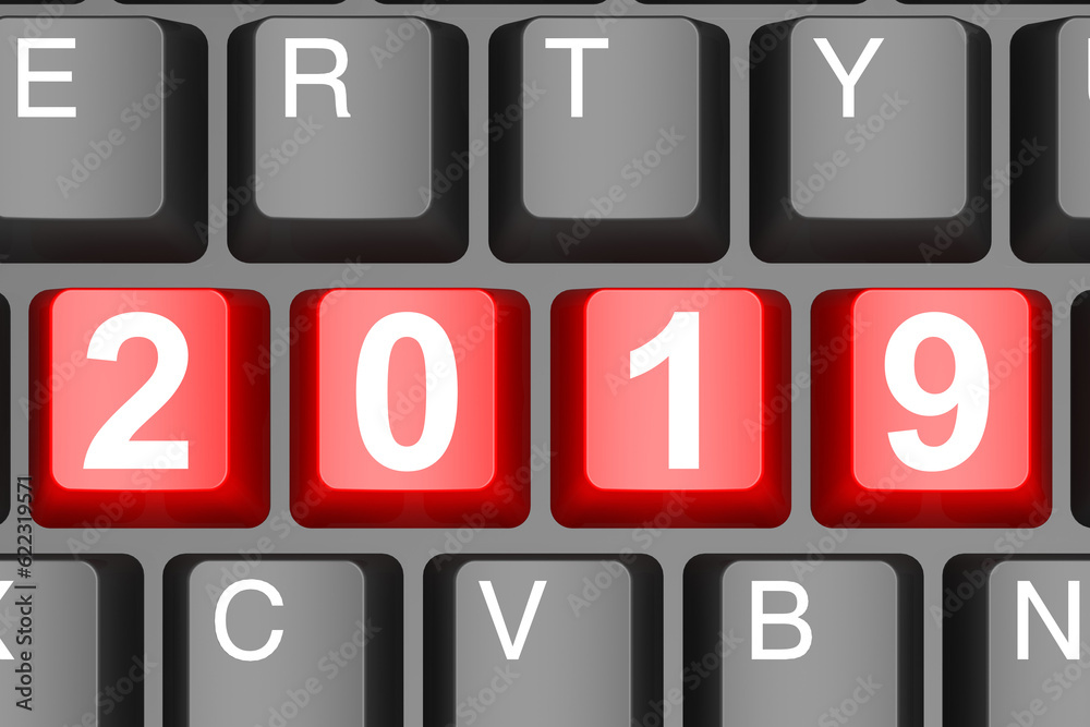 Year 2019 button on modern computer keyboard image with hi-res rendered artwork that could be used for any graphic design. Year 2019 button on modern computer keyboard image with hi-res rendered artwork that could be used for any graphic design.