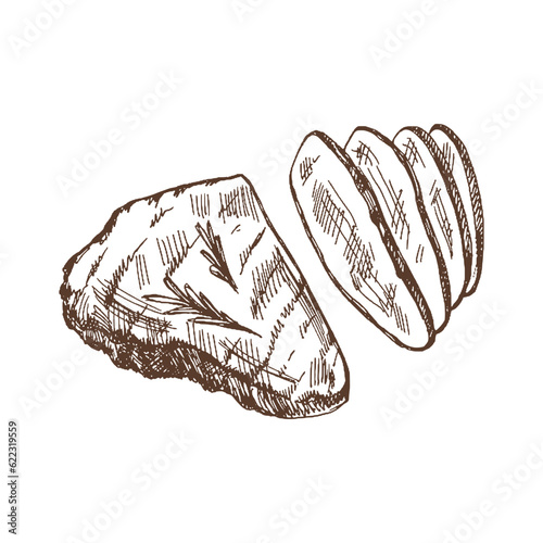  Organic food. Hand drawn vector sketch of grilled beef steak, piece of meat. Doodle vintage illustration. Decorations for the menu of cafes and labels. Engraved immage.