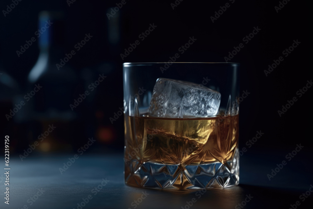 Glass of Wiskey with ice cubes on deep blue background. Low key, AI generative