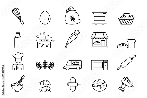 Bakery set icon. Contains element of bakery icon, whisk, oven, baker, bread, hand mixer and more. line icon style design. Simple vector design editable