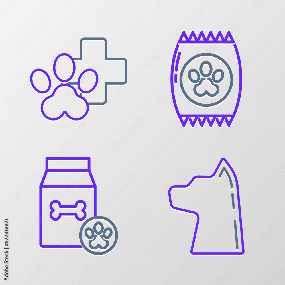 Set line Cat, Bag of food for pet, and Veterinary clinic symbol icon. Vector Set line Cat, Bag of food for pet, and Veterinary clinic symbol icon. Vector