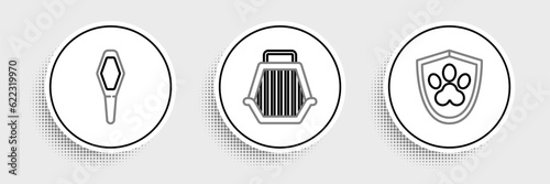 Set line Animal health insurance, Pets vial medical and carry case icon. Vector