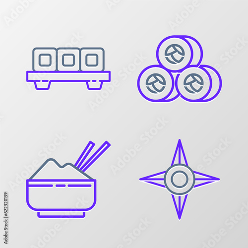 Set line Japanese ninja shuriken, Rice bowl with chopstick, Sushi and on cutting board icon. Vector