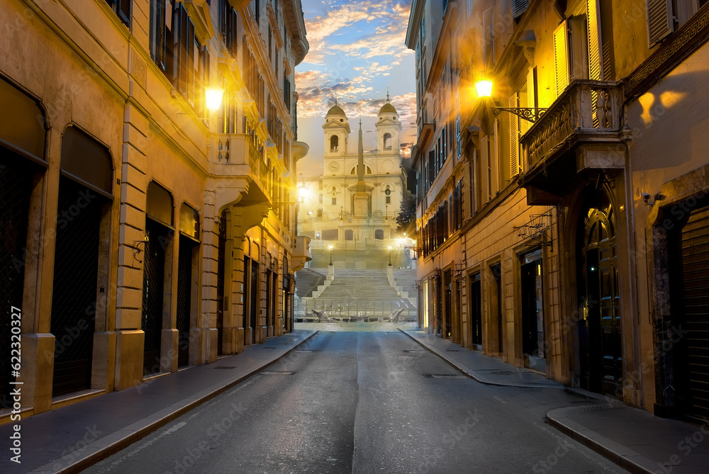Street with road to Spanish Stairs in Rome, Italy