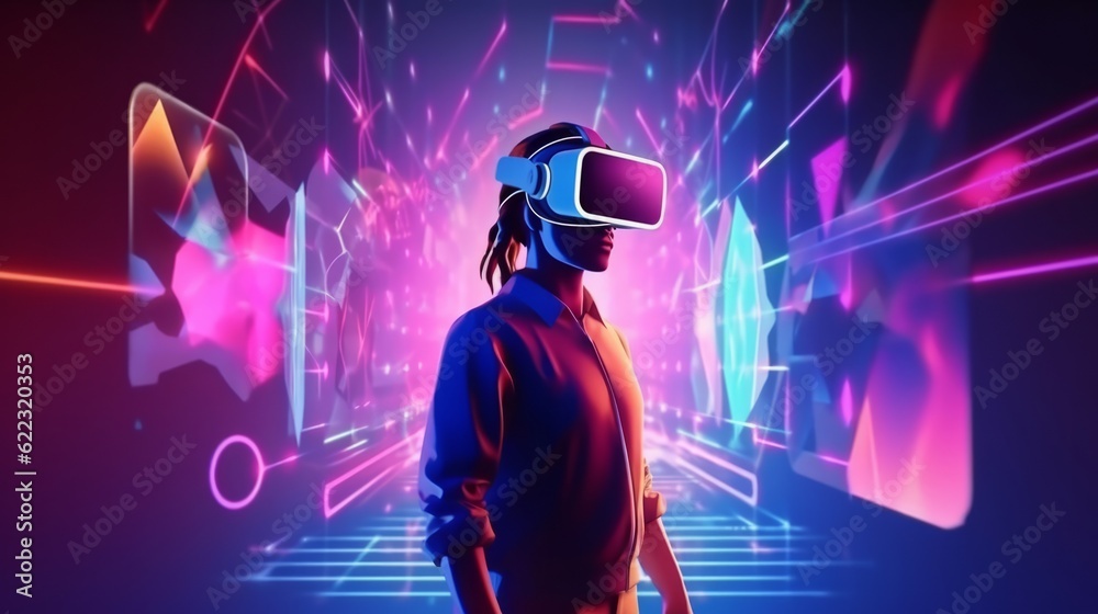 Virtual reality 3d augmented experience exited digital generate person wear vr glasses goggle headset hand gesture touch 3d object in virtual world fun cheerful and remarkable,generative ai Virtual reality 3d augmented experience exited digital generate person wear vr glasses goggle headset hand gesture touch 3d object in virtual world fun cheerful and remarkable,generative ai