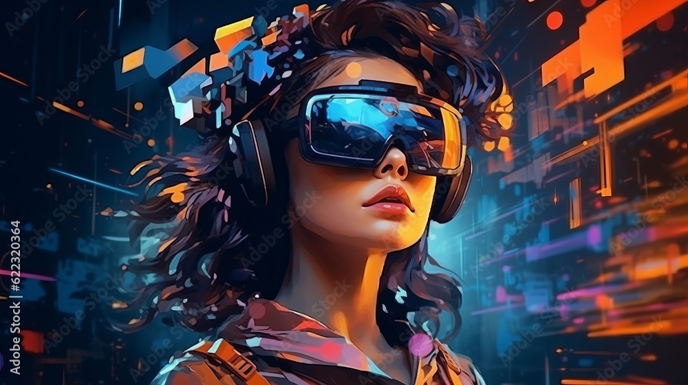 Virtual reality 3d augmented experience exited digital generate person wear vr glasses goggle headset hand gesture touch 3d object in virtual world fun cheerful and remarkable,generative ai