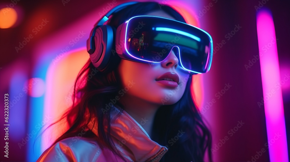 Virtual reality 3d augmented experience exited digital generate person wear vr glasses goggle headset hand gesture touch 3d object in virtual world fun cheerful and remarkable,generative ai Virtual reality 3d augmented experience exited digital generate person wear vr glasses goggle headset hand gesture touch 3d object in virtual world fun cheerful and remarkable,generative ai