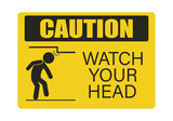 Isolated illustration of man walking with head hit low ceiling for safety sign mind your head, low up ceiling caution, head lowering instruction, drop hazard