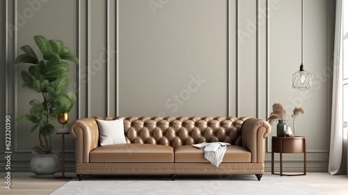 home interior design mock up room concept brown sofa couch with white clean wall backdrop living room in daylight house beautiful generative ai