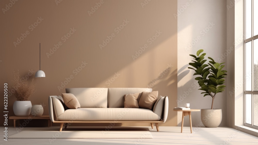 Modern Minimal clean clear contemporary living room home interior design daylight background,beige white sofa couch in living room daylight from window freshness moment mock up interior,generative ai - obrazy, fototapety, plakaty 