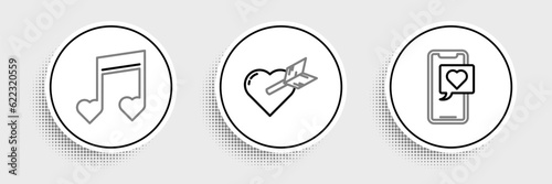 Set line Smartphone with heart speech bubble, Music note, tone hearts and Amour and arrow icon. Vector
