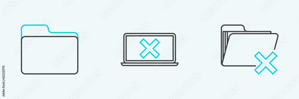 Obraz premium Set line Delete folder, Document and Laptop and cross mark on screen icon. Vector