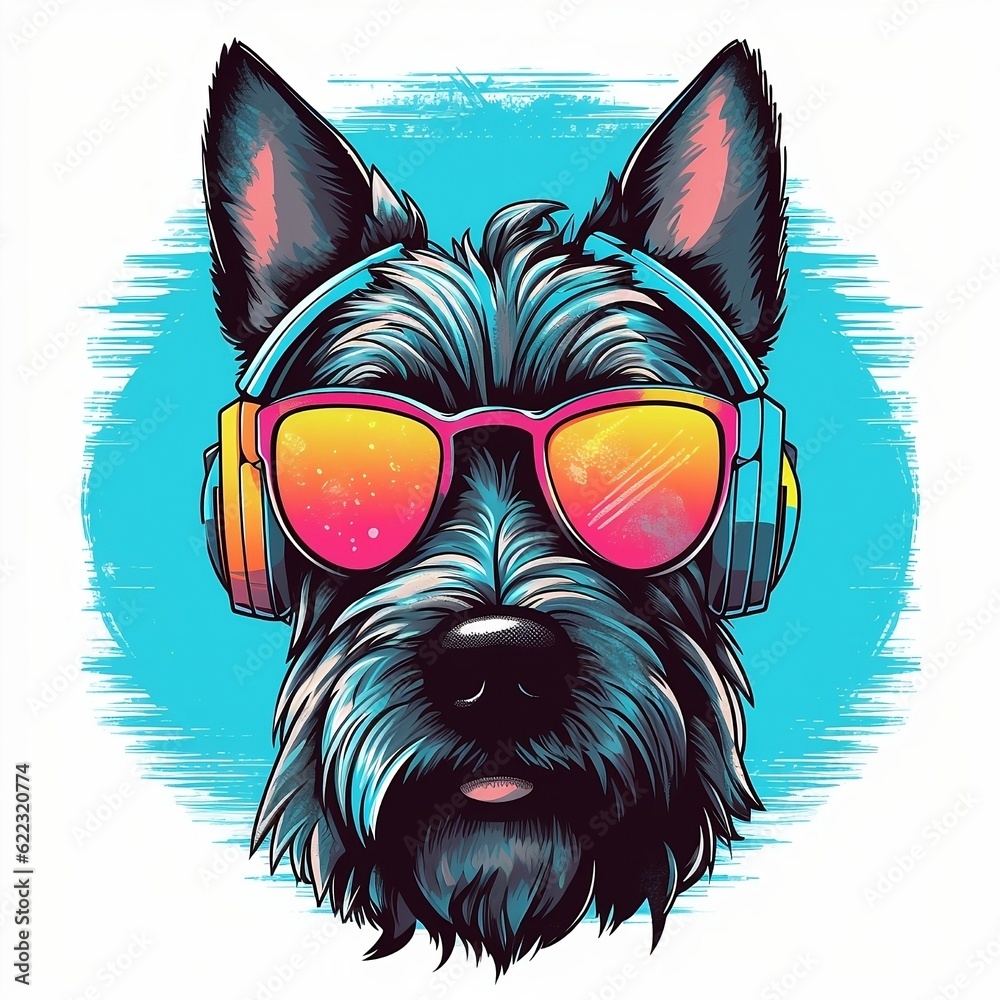 Funky cartoon Scottish terrier dog with headphones and sunglasses listening to music with vintage retro styling with a white and teal background. Created using generative AI.
