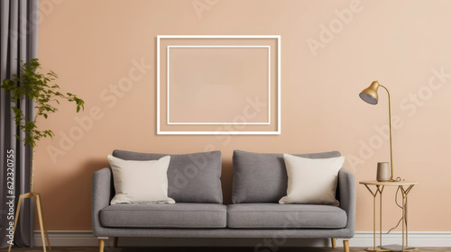 room interior mock up room house beautiful background sofa with blank copy space poster artwork hanging in the backdrop wall home design decoration,generative ai