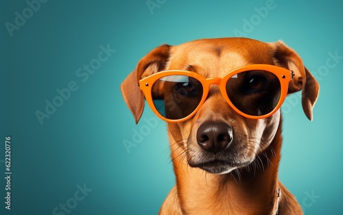 A dog sporting sunglasses against a solid color background, Generative Ai