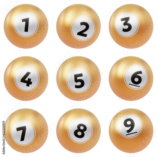 Golden glitter lottery balls. Golden glitter bingo balls. 3D render. 3D illustration.