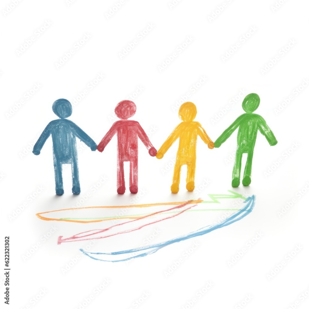 Stick figure of a family holding hands drawn by a child using colored chalk, isolated on a white background.